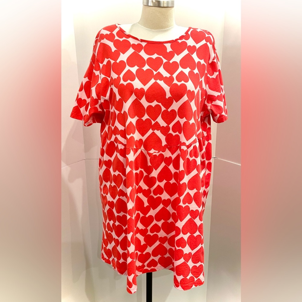 ASOS Design Red and Pale Pink Heart Print Smock Dress with V-back, Size 10